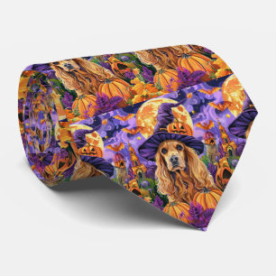 Spooky Cocker Spaniel Dog Halloween Witch Pumpkin Neck Tie