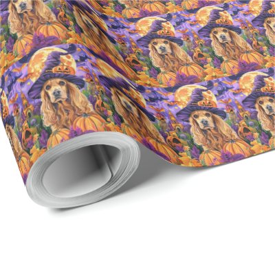 Spooky Cocker Spaniel Dog Halloween Witch Pumpkin Wrapping Paper