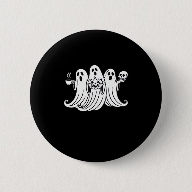 Spooky Coffee Sipping Pumpkin Holding Button (Front)