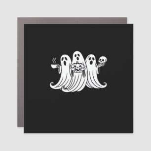 Spooky Coffee Sipping Pumpkin Holding Car Magnet