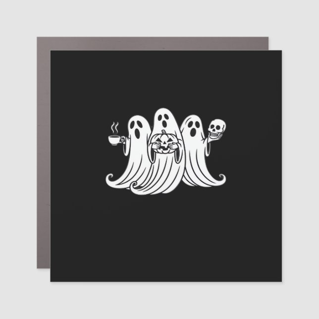 Spooky Coffee Sipping Pumpkin Holding Car Magnet (Front)