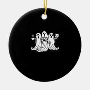 Spooky Coffee Sipping Pumpkin Holding Ceramic Ornament