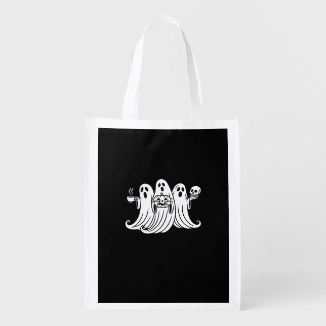 Spooky Coffee Sipping Pumpkin Holding Grocery Bag (Front)