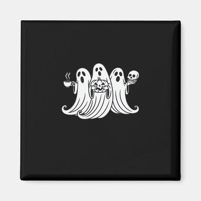 Spooky Coffee Sipping Pumpkin Holding Magnet (Front)