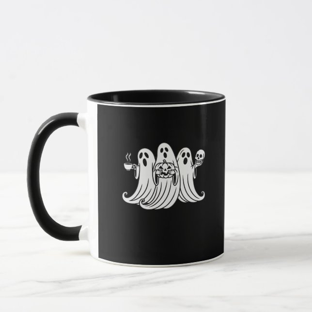 Spooky Coffee Sipping Pumpkin Holding Mug (Left)