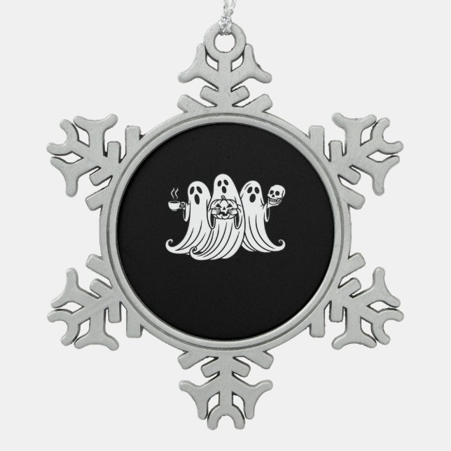 Spooky Coffee Sipping Pumpkin Holding Snowflake Pewter Christmas Ornament (Front)