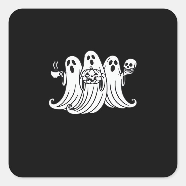 Spooky Coffee Sipping Pumpkin Holding Square Sticker (Front)
