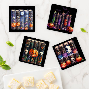 SPOOKY COLORFUL HALLOWEEN BOOK SPINES COASTER SET