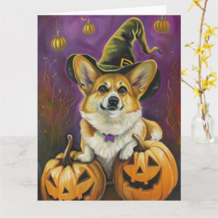 Spooky Corgi Dog Halloween Witch Pumpkin Card