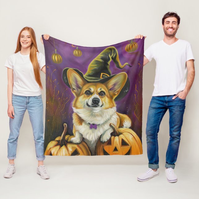 Spooky Corgi Dog Halloween Witch Pumpkin Fleece Blanket (In Situ)