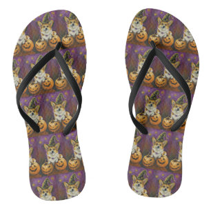 Spooky Corgi Dog Halloween Witch Pumpkin Flip Flops