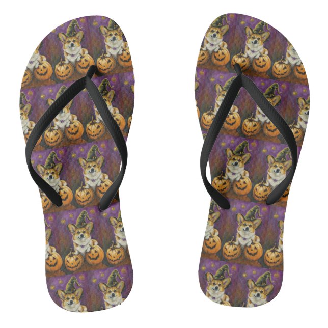 Spooky Corgi Dog Halloween Witch Pumpkin Flip Flops (Footbed)