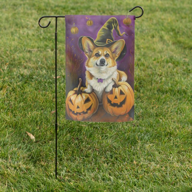 Spooky Corgi Dog Halloween Witch Pumpkin Garden Flag (In SItu)