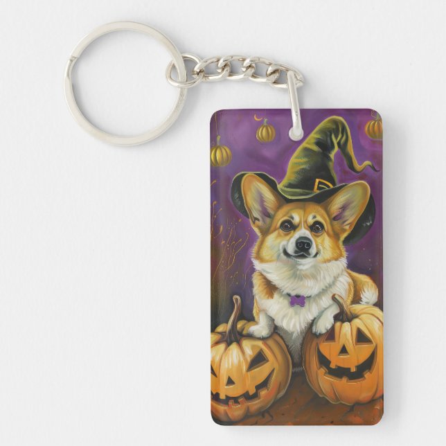 Spooky Corgi Dog Halloween Witch Pumpkin Keychain (Front)