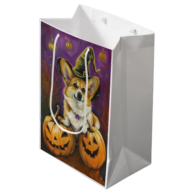 Spooky Corgi Dog Halloween Witch Pumpkin Medium Gift Bag (Front Angled)