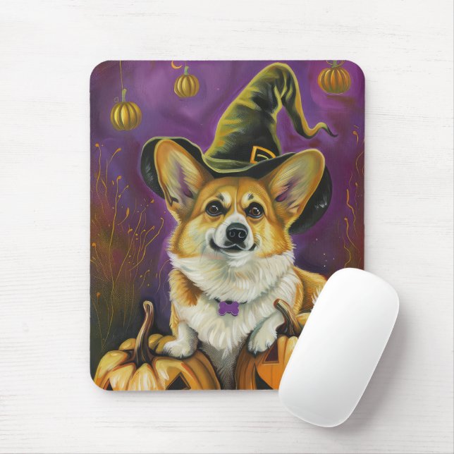 Spooky Corgi Dog Halloween Witch Pumpkin Mouse Pad (With Mouse)