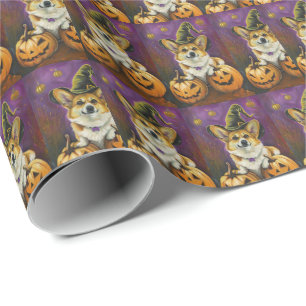 Spooky Corgi Dog Halloween Witch Pumpkin Wrapping Paper