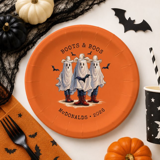 Spooky Cowboy Ghosts Personalized Halloween Paper Plates (Customize with family name & date.  Matching items available in the collection)