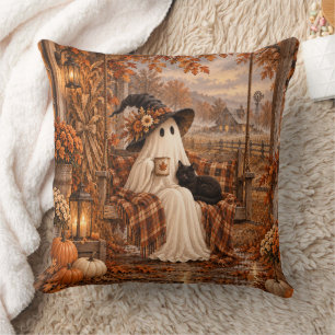 Spooky Cozy Ghost & Black Cat Autumn Porch Throw Pillow