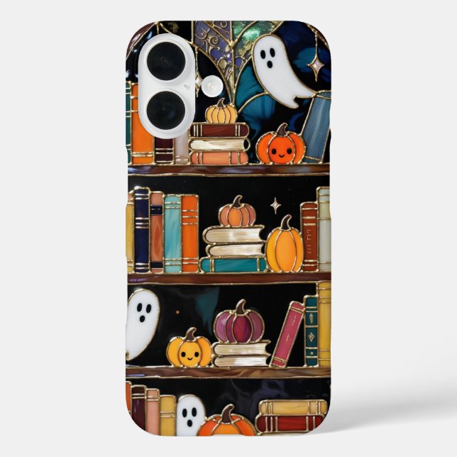 Spooky Cozy iPhone Case Pumpkin Bookshelf Design (Back)