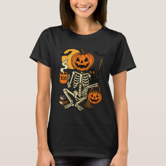 Spooky Cozy Pumpkin Skeleton Cat Coffee Trick or T T-Shirt