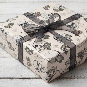 Spooky Cream Floral Small Skull Halloween Wrapping Paper