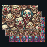 Spooky Creepy Clown Zombie Abandoned Carnival Wrapping Paper Sheets<br><div class="desc">Here is some ai art depicting some creepy scary clowns with sharp teeth at abandoned carnivals birthday or Halloween gift wrap.</div>