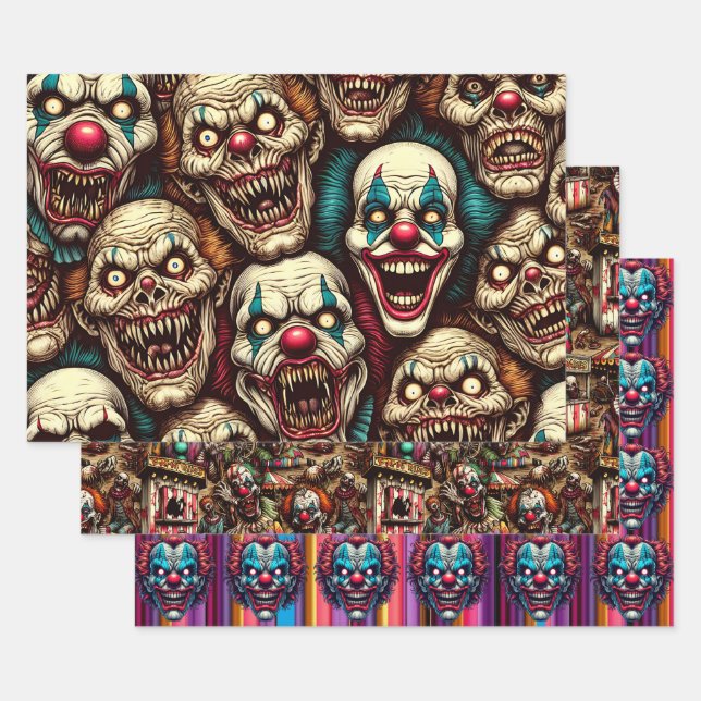 Spooky Creepy Clown Zombie Abandoned Carnival Wrapping Paper Sheets (Set)