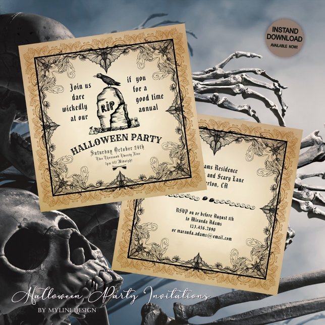 Spooky Crow on a Tombstone and Bats Halloween Invitation (Creator Uploaded)