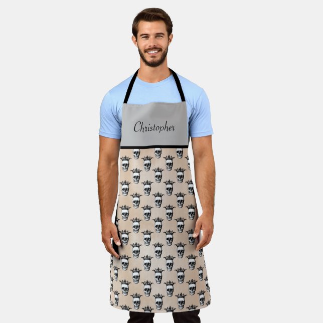 Spooky Crowned Skulls Pattern Apron (Worn)