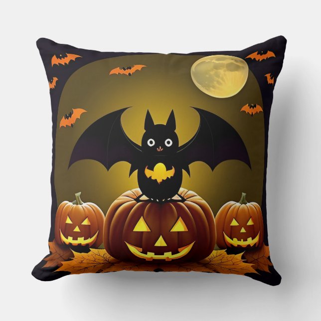 🦇🌙 Spooky Cute Bat Cat Pumpkin Halloween Glow ✨ Throw Pillow (Front)