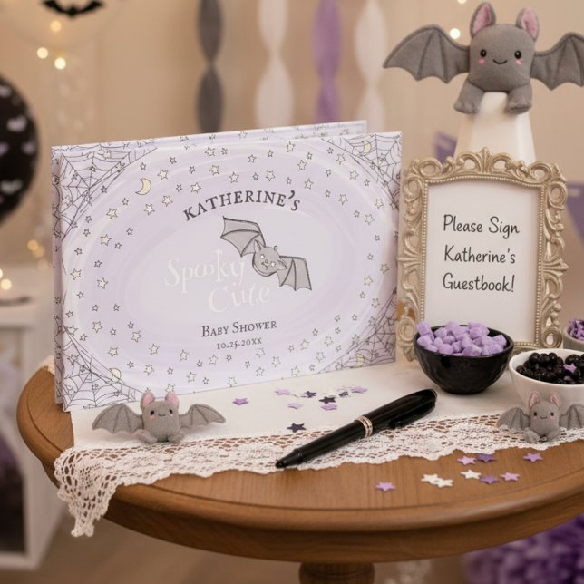 Spooky Cute Bats Halloween Baby Shower Guest Book (Purple Spooky Cute Halloween Baby Shower Guest Book for Mother to Be. Fall Baby Shower Keepsake)