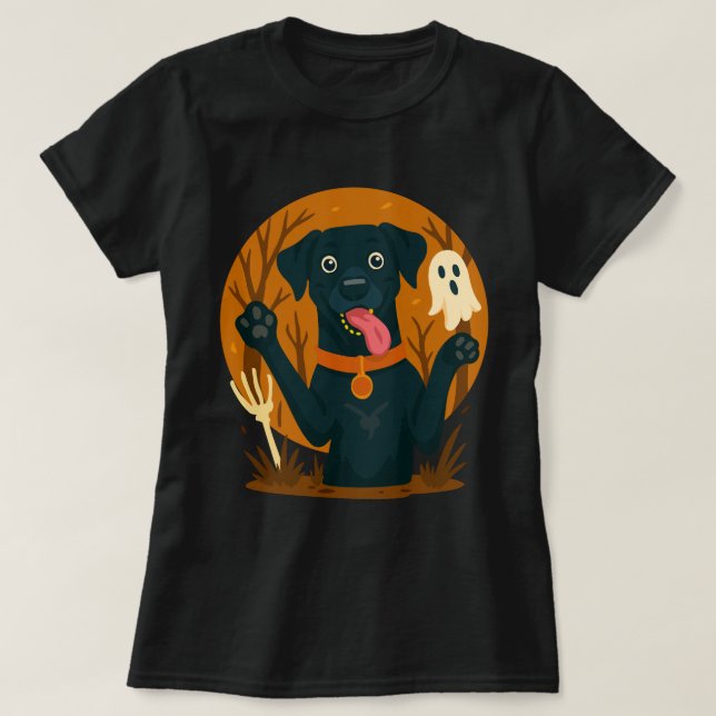 Spooky Cute Black Dog with Ghost  T-Shirt (Design Front)