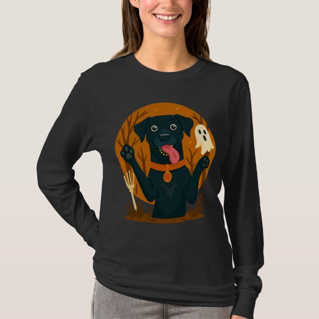 Spooky Cute Black Dog with Ghost  T-Shirt (Front)