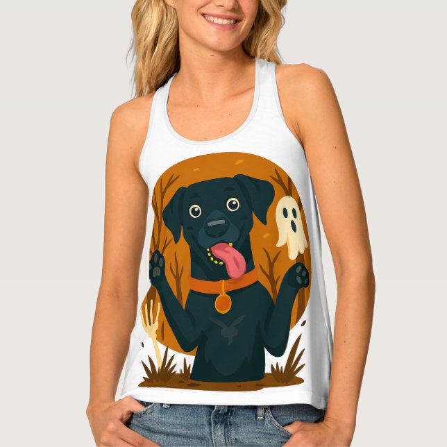 Spooky Cute Black Dog with Ghost  Tank Top (Front)