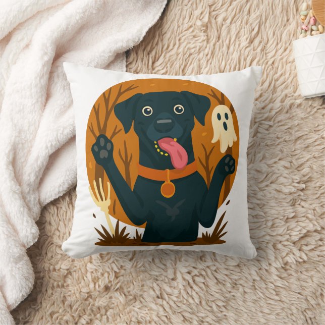 Spooky Cute Black Dog with Ghost  Throw Pillow (Blanket)