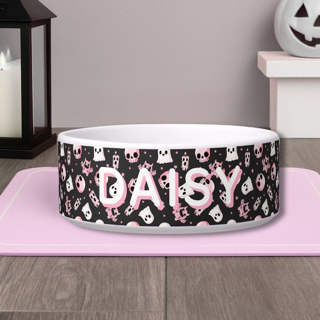 Spooky Cute Custom Name Pink & Black Halloween Dog Bowl (Spooky Cute Custom Name Pink & Black Halloween Dog Bowl
)
