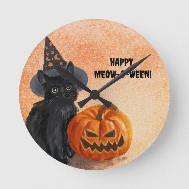 Spooky Cute Customizable Halloween Cat Wall Clock (Front)