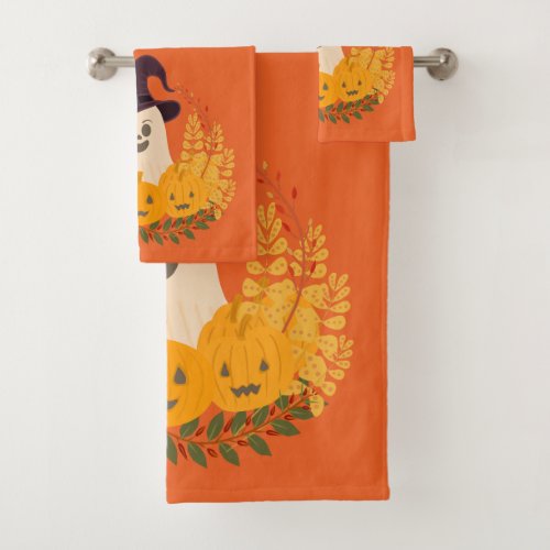 Spooky Cute Ghost And Pumpkins Autumn Wreath Bath Towel Set