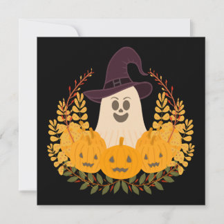 Spooky Cute Ghost And Pumpkins Autumn Wreath Card