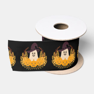 Spooky Cute Ghost And Pumpkins Autumn Wreath Satin Ribbon