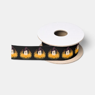 Spooky Cute Ghost And Pumpkins Autumn Wreath Satin Ribbon