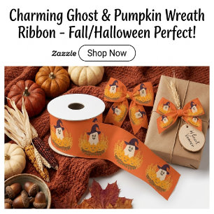 Spooky Cute Ghost And Pumpkins Autumn Wreath Satin Ribbon