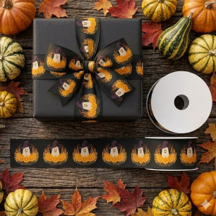 Spooky Cute Ghost And Pumpkins Autumn Wreath Satin Ribbon