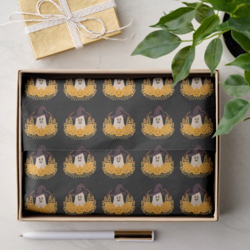 Spooky Cute Ghost And Pumpkins Autumn Wreath Tissue Paper