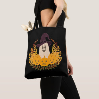 Spooky Cute Ghost And Pumpkins Autumn Wreath Tote Bag