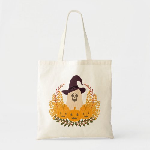 Spooky Cute Ghost And Pumpkins Autumn Wreath Tote Bag