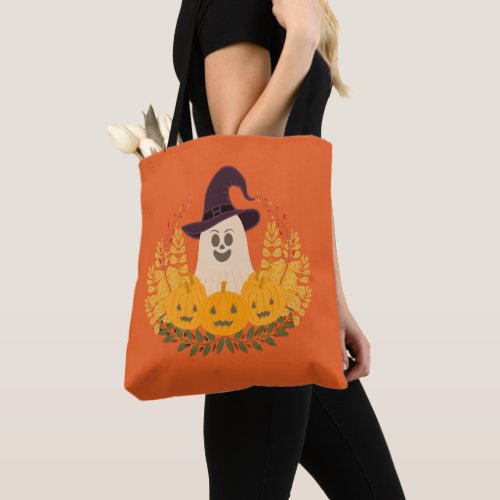Spooky Cute Ghost And Pumpkins Autumn Wreath Tote Bag