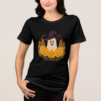 Spooky Cute Ghost And Pumpkins Autumn Wreath Tri-Blend Shirt