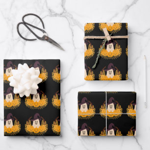 Spooky Cute Ghost And Pumpkins Autumn Wreath Wrapping Paper Sheets